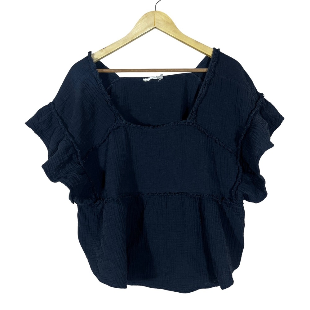 Millibon USA Double Gauze Solid Ruffle Sleeve Top Gray Boho Size L